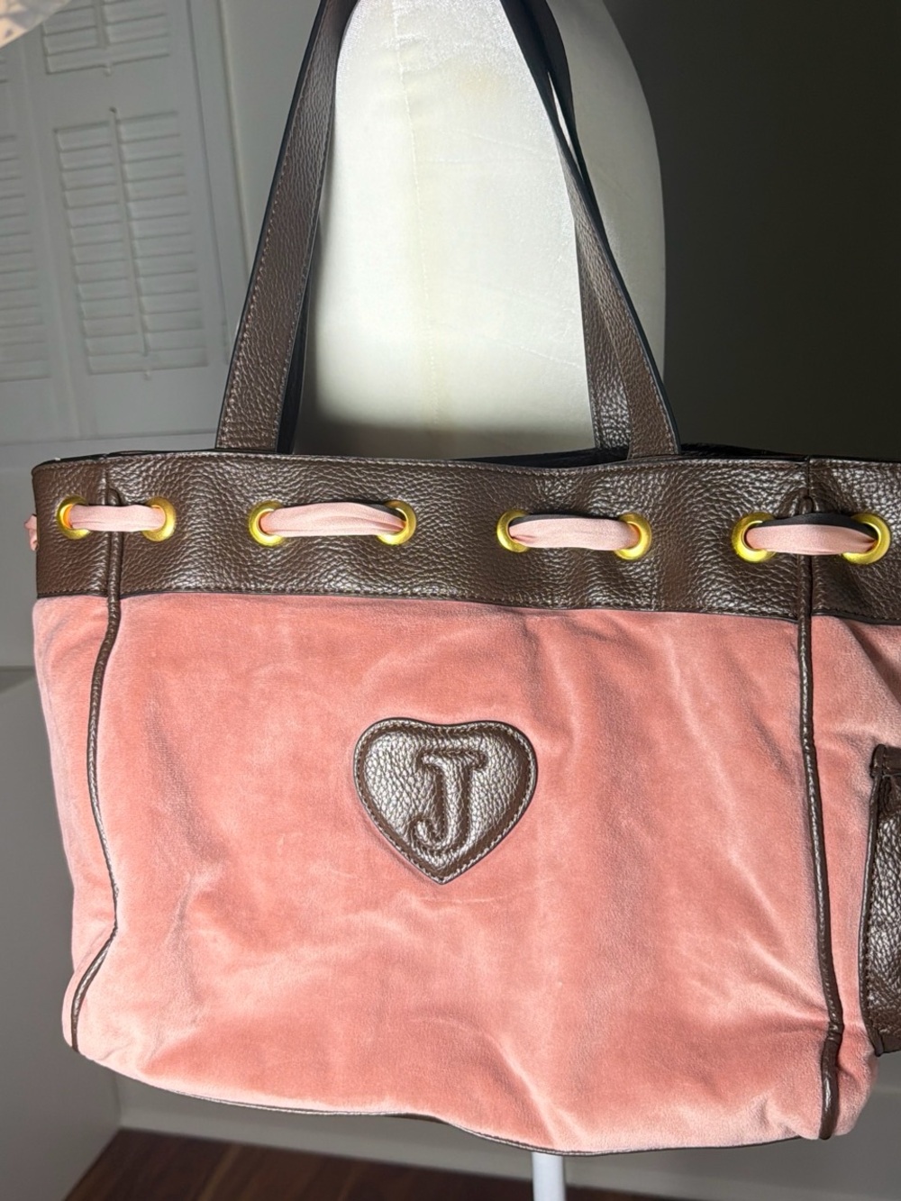 Juicy Couture Pink and Brown Velour Tote with Crest Charm - Picture 2 of 3